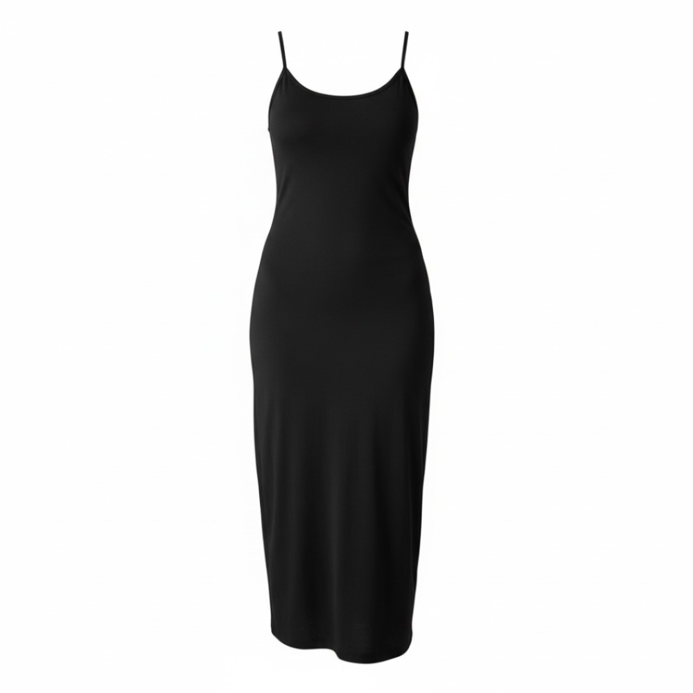 Women’s Black Bodycon MidiDress Spagetti Strap Back Slit Strechy - Picture 3 of 4